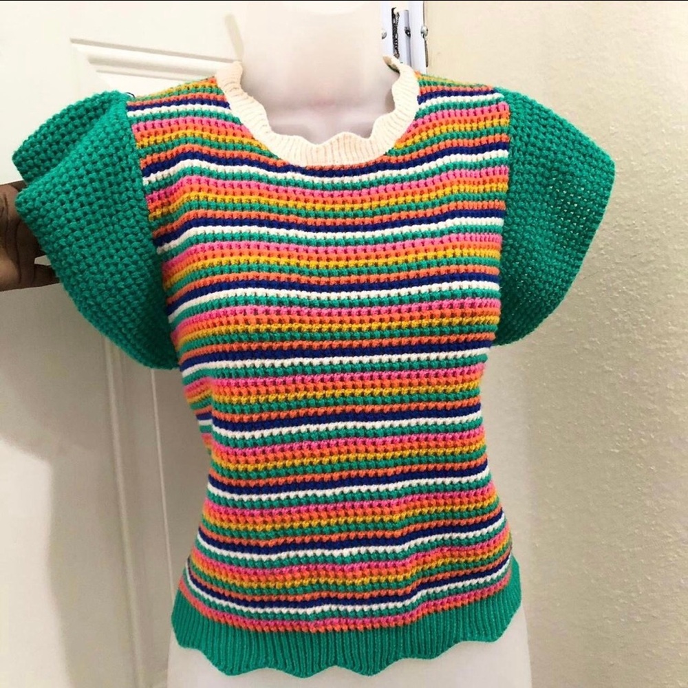 Anthropologie THML Cottagecore green colorful striped knit top blouse sweater